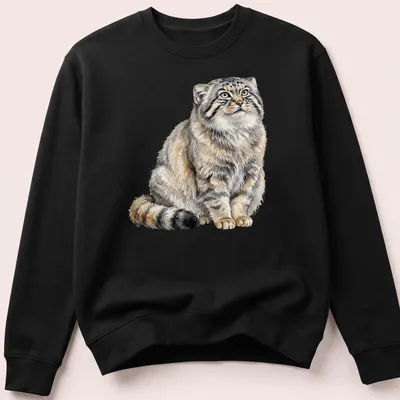 Watercolor illustration of a fluffy Pallas Cat in gray and cream tones — printed on a unisex sweatshirt