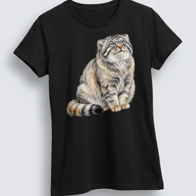 Watercolor illustration of a fluffy Pallas Cat in gray and cream tones — printed on a women's shirt