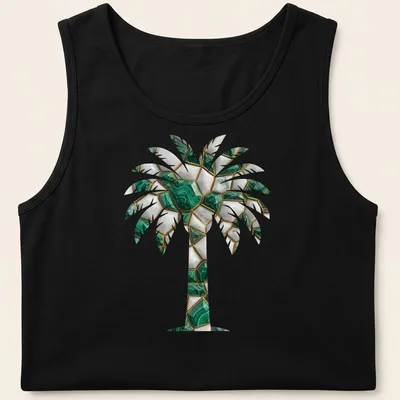 Mosaic design of a palm tree with faceted stones in green, white, gold, and black. — printed on a tank top