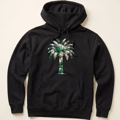 Mosaic design of a palm tree with faceted stones in green, white, gold, and black. — printed on a unisex hoodie