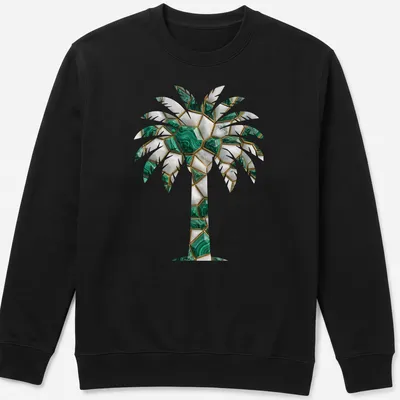Mosaic design of a palm tree with faceted stones in green, white, gold, and black. — printed on a unisex sweatshirt