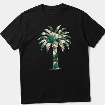 Mosaic design of a palm tree with faceted stones in green, white, gold, and black.