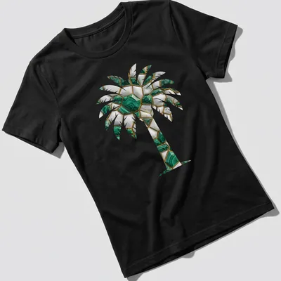 Mosaic design of a palm tree with faceted stones in green, white, gold, and black. — printed on a women's shirt