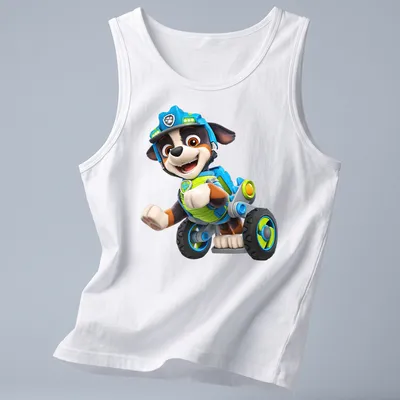 Cartoon Paw Patrol character on a wheeled vehicle in bright colors — printed on a tank top