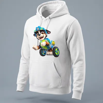 Cartoon Paw Patrol character on a wheeled vehicle in bright colors — printed on a unisex hoodie