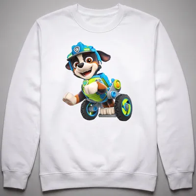 Cartoon Paw Patrol character on a wheeled vehicle in bright colors — printed on a unisex sweatshirt