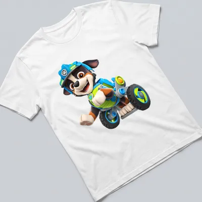 Cartoon Paw Patrol character on a wheeled vehicle in bright colors — printed on a unisex t-shirt