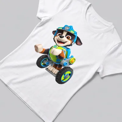 Cartoon Paw Patrol character on a wheeled vehicle in bright colors — printed on a women's shirt