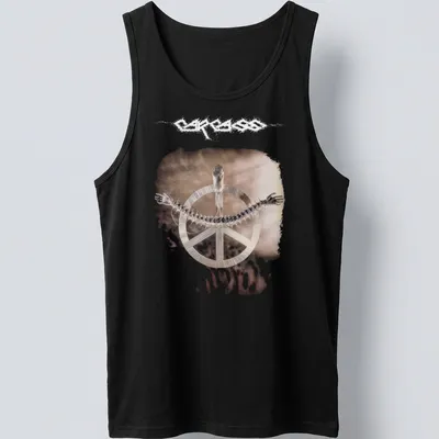 Metallic print of a skeleton with a peace symbol and text saying Carcass Heartwork. — printed on a tank top