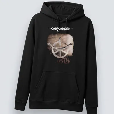 Metallic print of a skeleton with a peace symbol and text saying Carcass Heartwork. — printed on a unisex hoodie