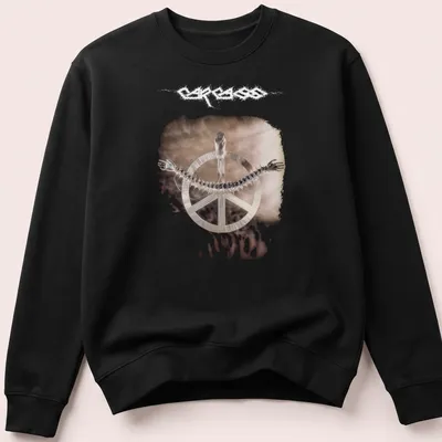 Metallic print of a skeleton with a peace symbol and text saying Carcass Heartwork. — printed on a unisex sweatshirt