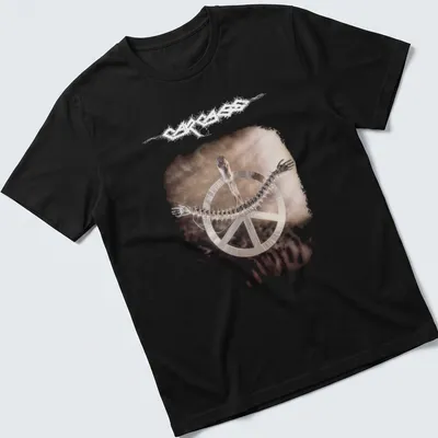 Metallic print of a skeleton with a peace symbol and text saying Carcass Heartwork.