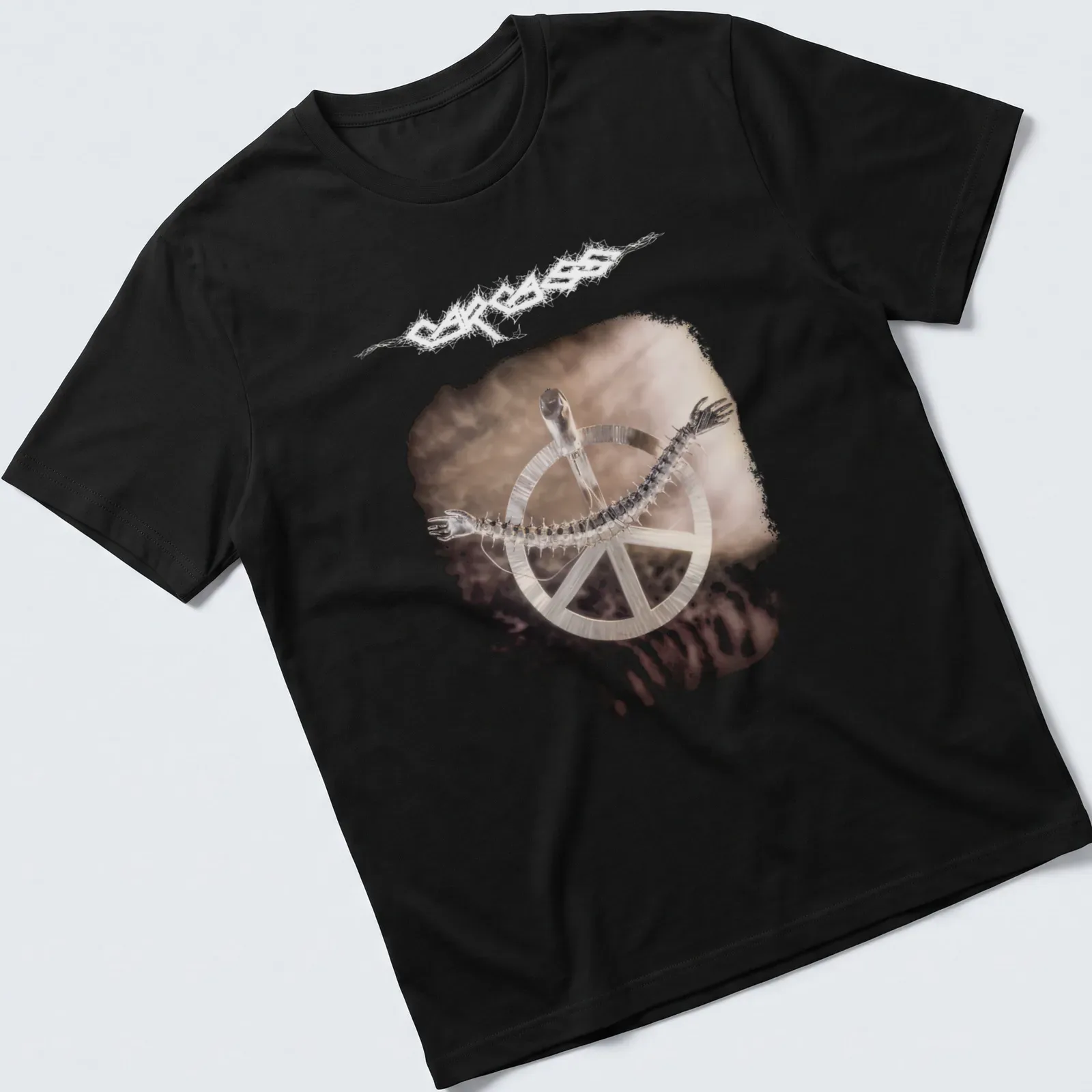 Metallic print of a skeleton with a peace symbol and text saying Carcass Heartwork. — printed on a unisex t-shirt