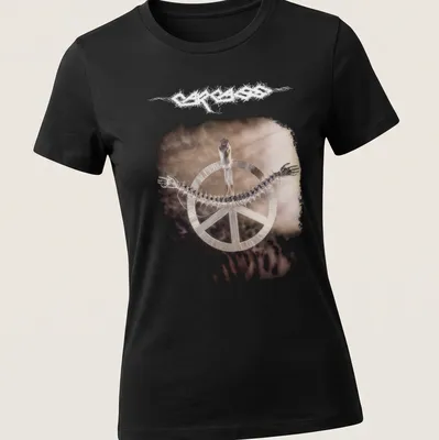 Metallic print of a skeleton with a peace symbol and text saying Carcass Heartwork. — printed on a women's shirt