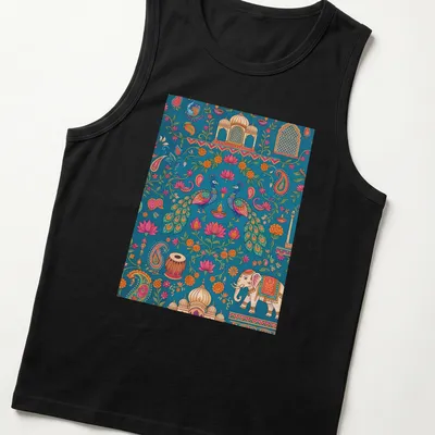 Doodle illustration of a peacock and elephant with floral patterns in vivid colors — printed on a tank top