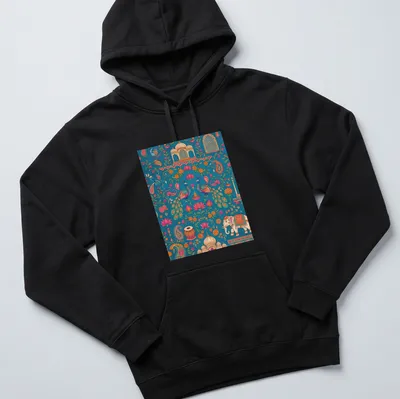 Doodle illustration of a peacock and elephant with floral patterns in vivid colors — printed on a unisex hoodie