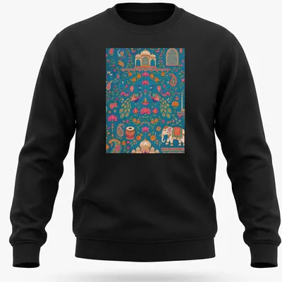 Doodle illustration of a peacock and elephant with floral patterns in vivid colors — printed on a unisex sweatshirt