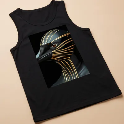 Cyberpunk penguin design in metallic gold on black and brown background — printed on a tank top