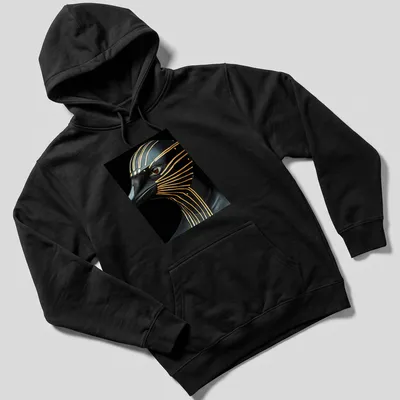 Cyberpunk penguin design in metallic gold on black and brown background — printed on a unisex hoodie