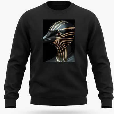 Cyberpunk penguin design in metallic gold on black and brown background — printed on a unisex sweatshirt