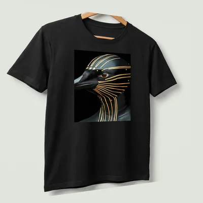 Cyberpunk penguin design in metallic gold on black and brown background — printed on a unisex t-shirt (angled view)