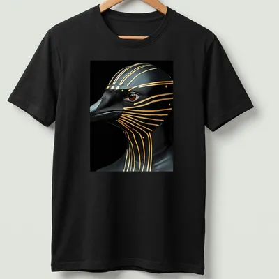 Cyberpunk penguin design in metallic gold on black and brown background