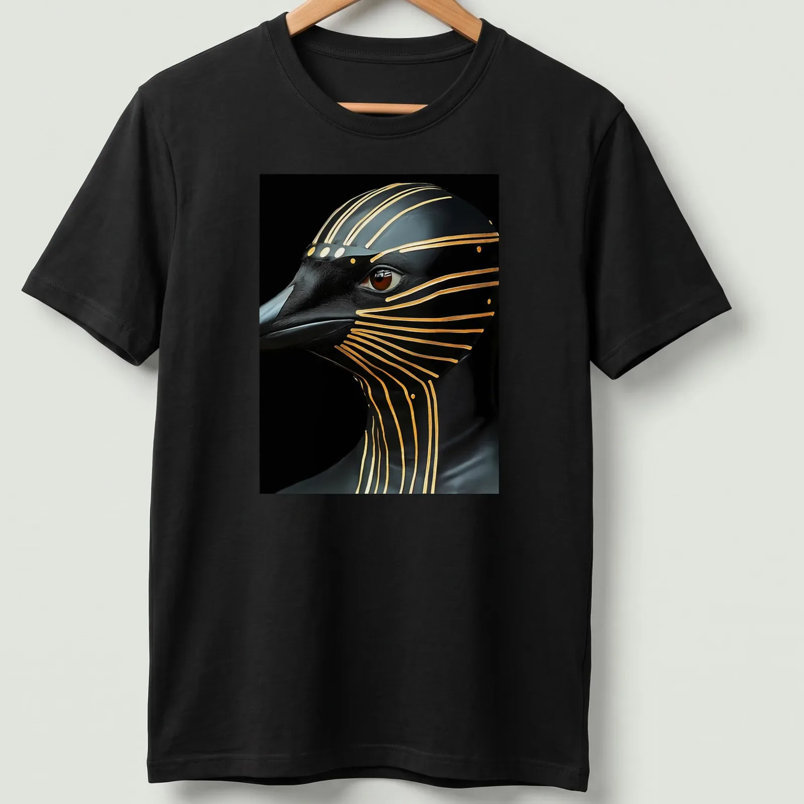 Cyberpunk penguin design in metallic gold on black and brown background — printed on a unisex t-shirt