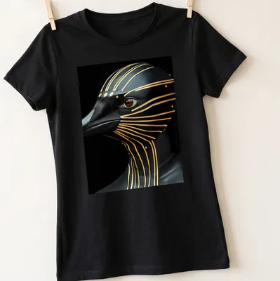 Cyberpunk penguin design in metallic gold on black and brown background — printed on a women's shirt