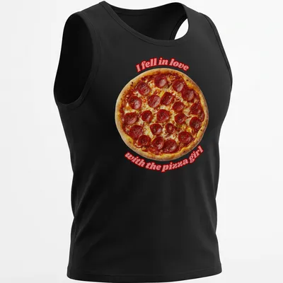 Bold typography t-shirt with a playful pepperoni pizza illustration and text about pizza love — printed on a tank top
