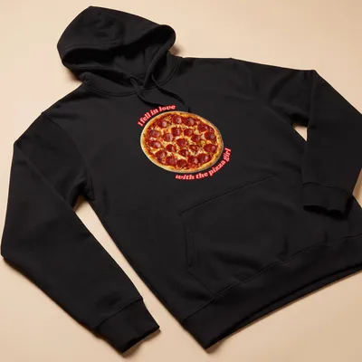 Bold typography t-shirt with a playful pepperoni pizza illustration and text about pizza love — printed on a unisex hoodie