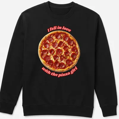 Bold typography t-shirt with a playful pepperoni pizza illustration and text about pizza love — printed on a unisex sweatshirt