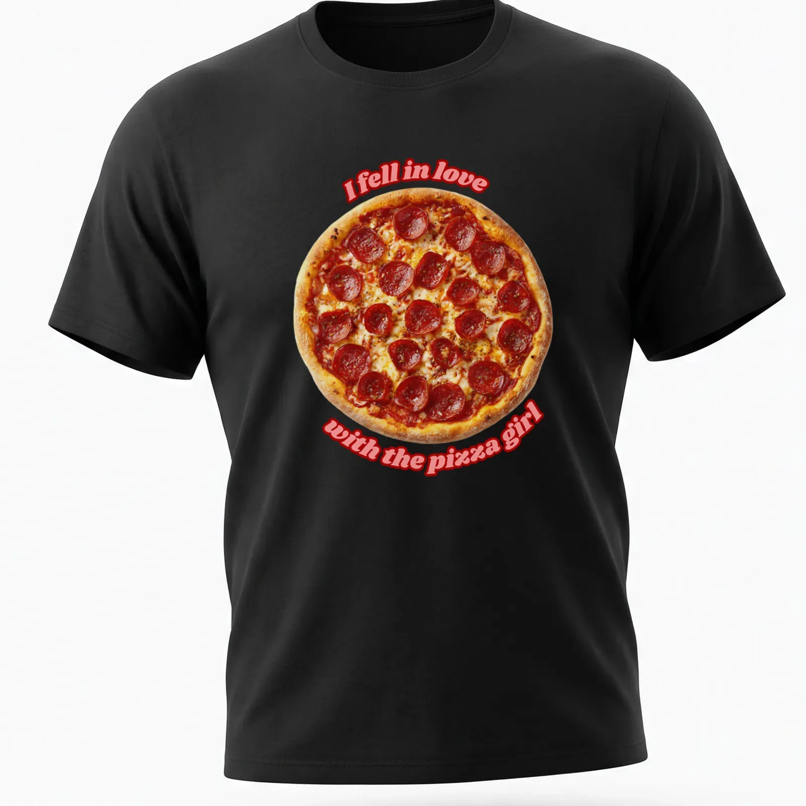 Bold typography t-shirt with a playful pepperoni pizza illustration and text about pizza love — printed on a unisex t-shirt