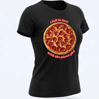Bold typography t-shirt with a playful pepperoni pizza illustration and text about pizza love — printed on a women's shirt