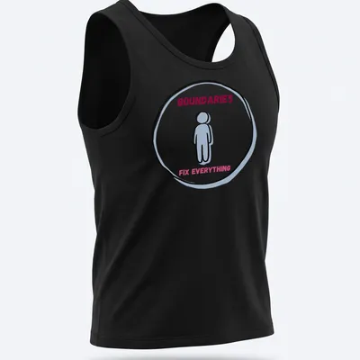 Line-art design featuring a person with the text BOUNDARIES FIX EVERYTHING in light blue and pink. — printed on a tank top