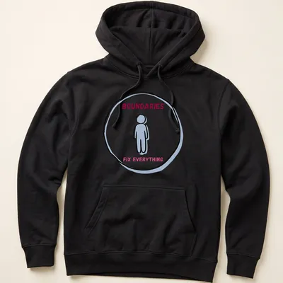Line-art design featuring a person with the text BOUNDARIES FIX EVERYTHING in light blue and pink. — printed on a unisex hoodie