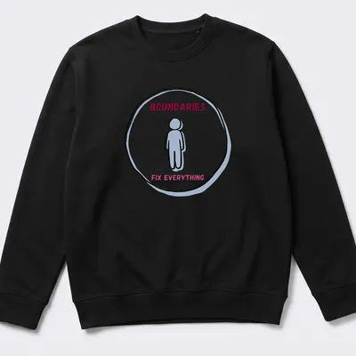 Line-art design featuring a person with the text BOUNDARIES FIX EVERYTHING in light blue and pink. — printed on a unisex sweatshirt