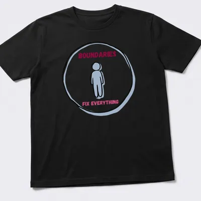 Line-art design featuring a person with the text BOUNDARIES FIX EVERYTHING in light blue and pink.