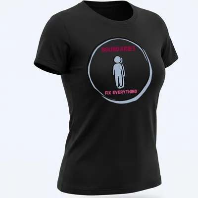Line-art design featuring a person with the text BOUNDARIES FIX EVERYTHING in light blue and pink. — printed on a women's shirt