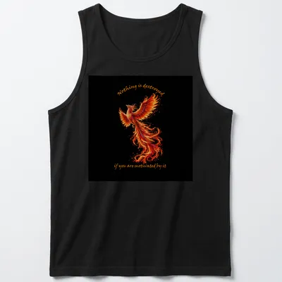 Vibrant Phoenix graphic with motivational text in fiery colors — printed on a tank top