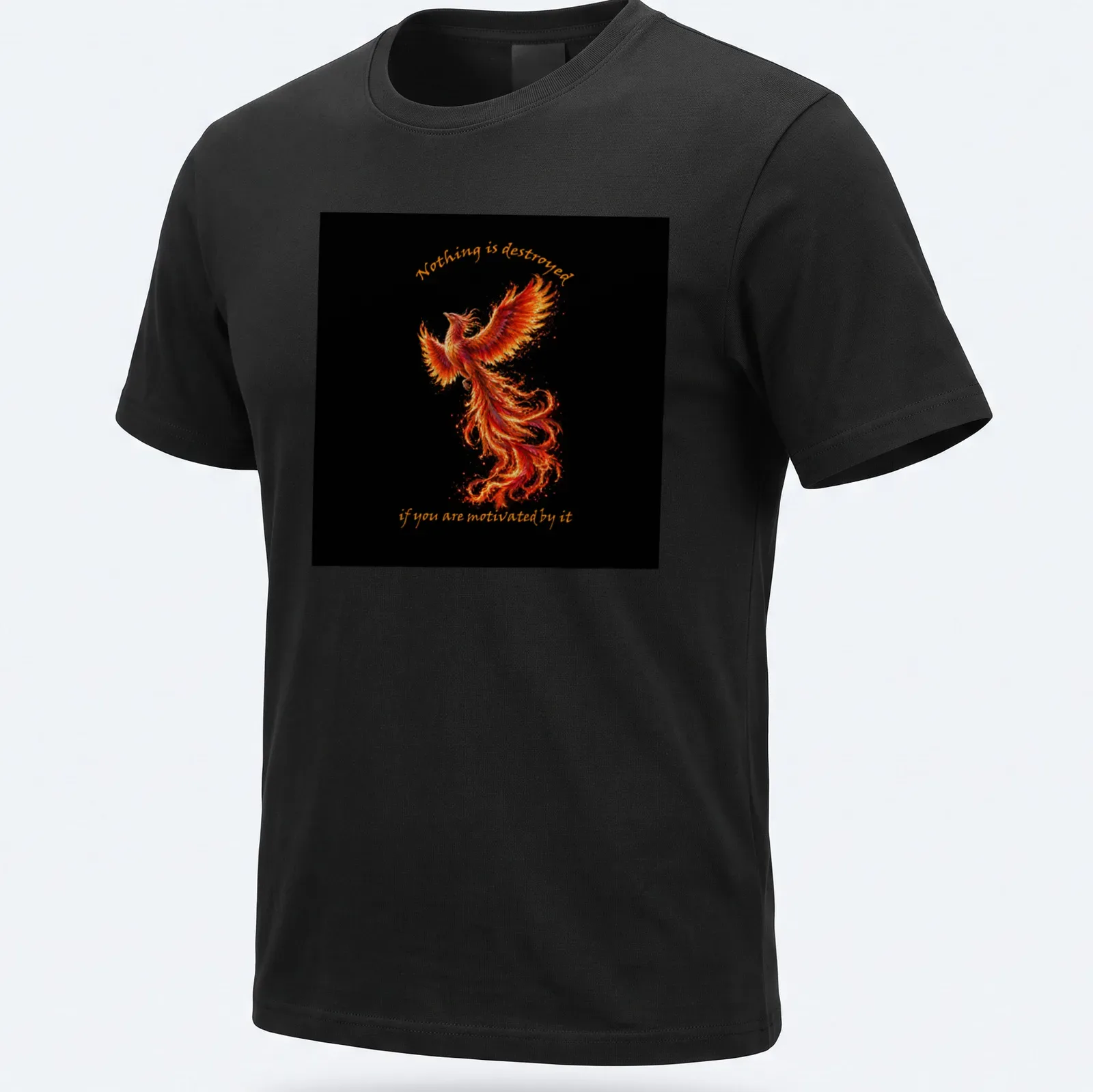 Vibrant Phoenix graphic with motivational text in fiery colors — printed on a unisex t-shirt
