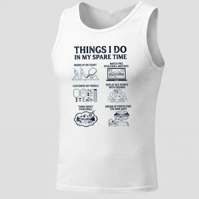 Illustrative pickleball activities in black and white on a humorous — printed on a tank top