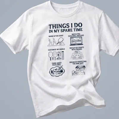 Illustrative pickleball activities in black and white on a humorous tee