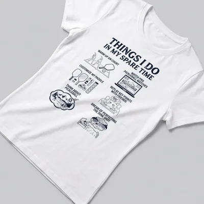 Illustrative pickleball activities in black and white on a humorous — printed on a women's shirt