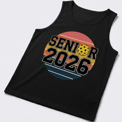 Retro pickleball graduation shirt with bold text and colorful graphics — printed on a tank top