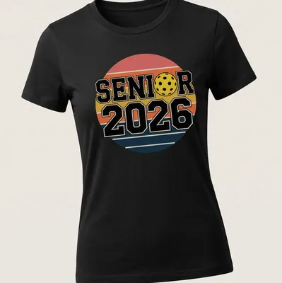 Retro pickleball graduation shirt with bold text and colorful graphics — printed on a women's shirt