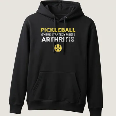 Bold and playful Pickleball humor shirt with yellow, white, and brown text — printed on a unisex hoodie