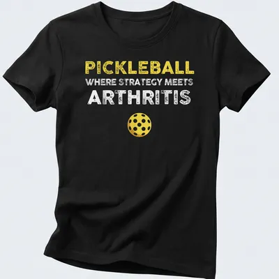 Bold and playful Pickleball humor shirt with yellow, white, and brown text — printed on a women's shirt