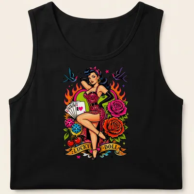 Vintage tattoo style Lucky Doll T-shirt featuring Pin Up Lady Luck design — printed on a tank top