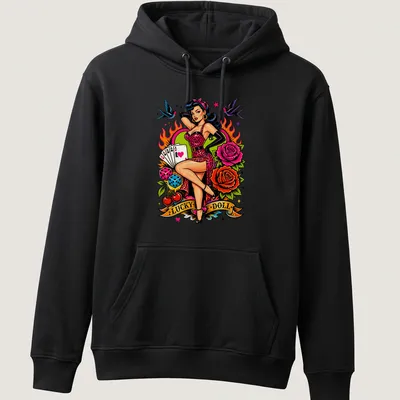 Vintage tattoo style Lucky Doll T-shirt featuring Pin Up Lady Luck design — printed on a unisex hoodie