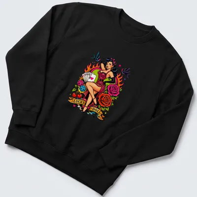 Vintage tattoo style Lucky Doll T-shirt featuring Pin Up Lady Luck design — printed on a unisex sweatshirt